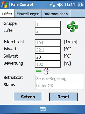 Bild 4: Sämtliche Ventilatoreinstellungen wie z.B. Sollwert lassen sich von 
PDA oder Smartphone aus verändern und der Zustand des Ventilators kann 
„live“ überwacht werden
