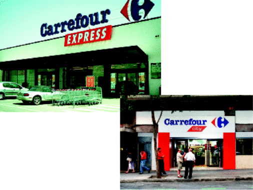 Carrefour hat in Spanien zwei Supermarkt-Typen: Carrefour Express mit großen 
Verkaufsflächen zwischen 800m² und 1300m² sowie Carrefour City, der sich 
hauptsächlich auf die Hauptstadt Madrid konzentriert
