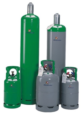 Flaschen mit Neuware sind an der vollständig grünen Farbgebung zu erkennen, 
Flaschen für gebrauchte Kältemittel sind grün-grau und mit einem 
besonderen Anhänger versehen
