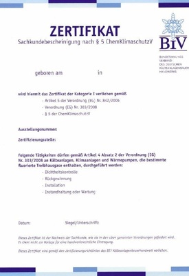 Muster der Urkunde für die Sachkunde der Kategorie I nach der 
Chemikalien-Klimaschutz-Verordnung
