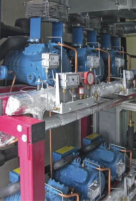 Die Tiefkühl- und Normalkühl-Verbundanlagen im Technik­raum bestehen aus 
je drei Kompressoren

