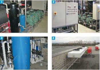 1 Ausgeführte Verbundanlage bei der Südbayerischen Fleischwaren GmbH
2 Einblick in den Maschinenraum mit den beiden Kältemaschinen
3 Speicherbehälter für die Warmsole zum Abtauen der Verdampfer
4 Verflüssiger auf dem Dach des Kühlhauses
