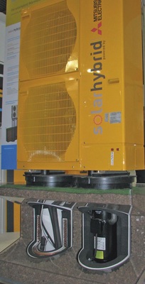 Die Verdichter-Verflüssiger-Baugruppe ist unterhalb des Luftverdampfers im 
Erdreich versenkt (Solarhybrid)
