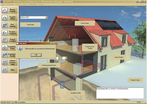 Bild 2: Screenshot der Software WP-OPT zur Berechnung und Optimierung von 
Wärmepumpenheizungen. Wird der Wärmebedarf bei einer bestehenden 
Wärmequellenanlage immer weiter erhöht, kann sie sich infolge der 
Unterdimensionierung in den Sommermonaten…