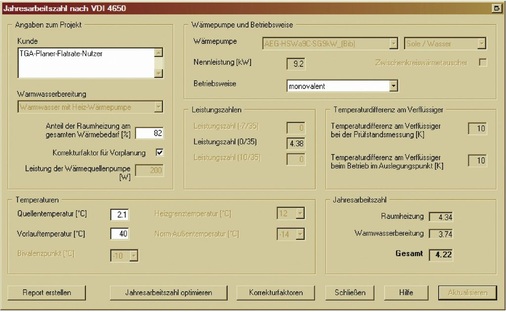 Bild 3: Randbedingungen nach VDI 4650 die optimierte Wärmepumpenanlage 
erreicht bei erhöhten Komfortbedingungen nach detaillierter Simulation zwar 
nur eine Jahresarbeitszahl von 3,60, nach dem anzuwendenden Nachweisverfahren 
aber 4,22 und ist damit…