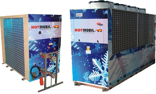 Der Miet-Kaltwassersatz KM Cool 40 bis 120 ist mit einem wetterfesten 
Gehäuse für die Aufstellung im Freien konzipiert. Bei 7 °C 
Kaltwassertemperatur und 32 °C Außen­temperatur stellen diese 
Ausführungen Kälte-Nennleistungen von 40 bis 120 kW bereit
