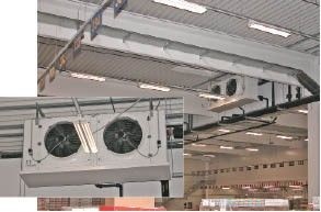 Die Luftkühler (Thermofin) sind als Wand- oder Deckenluftkühler in der 
Hallenmitte an bauseitige Stahlunterkonstruktionen montiert. Der Anschluss 
der Kondensatleitungen wird mit je einem Geruchsverschluss an die 
Schmutzwasserfallleitung hergestellt
