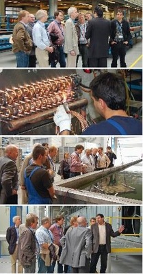 Interessiert und gespannt verfolgten die Exkursionsteilnehmer die 
Ausführungen von Güntner Ungarn-Geschäftsführer Tamas Schwarczenberger 
(ganz oben), schauten den Güntner-Mitarbeitern beim Löten und bei der 
Dichtigkeitsprüfung (2. und 3. Bild von oben…