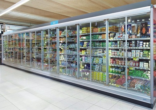 Regas-Wandkühlregale mit Glasdrehtüren und LED-Beleuchtung
