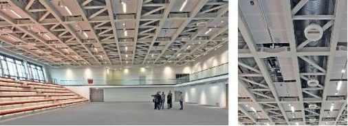 Multifunktionshalle im Brand-Center. Die Weitwurfdüsen der Klimaanlage 
lassen sich von diffus (Kühlfall) auf direkt (Heizfall) justieren.
