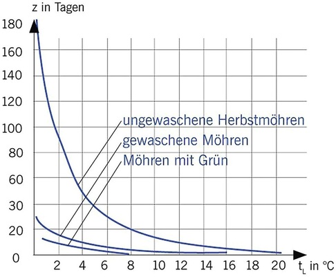 Lagerzeit (Z) von Möhren mit und ohne Grün in Abhängigkeit von der 
Lagertemperatur.

