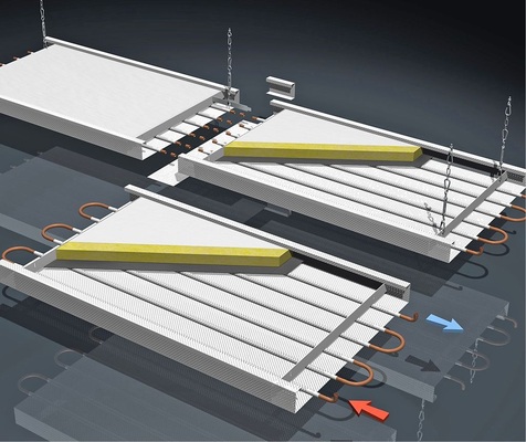 Die Heiz-Kühlelemente bestehen aus Kupferrohr und Aluminiumblech, die 
formschlüssig im Raster von 100 mm verpresst werden. Je nach Einsatzbereich 
wird eine Dämmschicht eingelegt.
