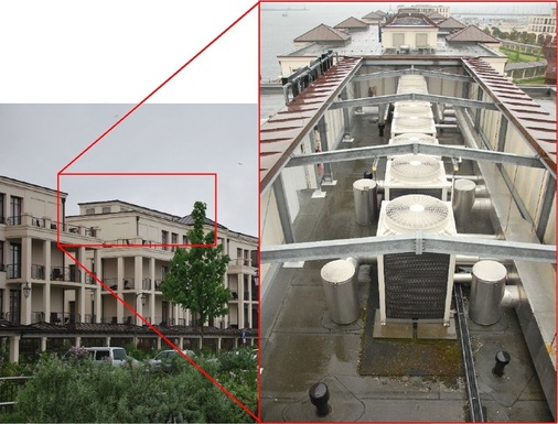 Aufstellung der Sanyo-VRF-Außeneinheiten im Dach des Sporthotels.
