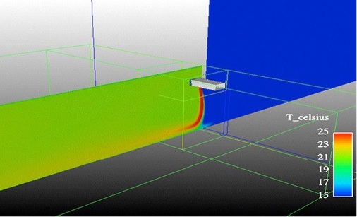 Bild 4: Luftschleieranlage mit Weitwurf-Düsensystem Synchrostream von TTL: 
einwandfreie Funktion. Der Luftstrahl erreicht den Boden und verhindert 
zuverlässig, dass im Bodenbereich Kaltluft eindringen kann.
