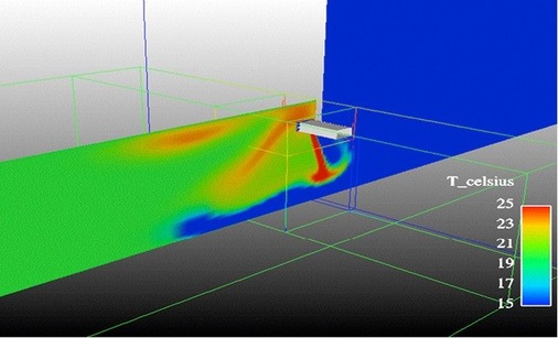 Bild 3: Luftschleieranlage mit Steggitter-Ausblassystem: Wirkung 
unzureichend. Der Luftstrahl erreicht den Boden nicht, im Bodenbereich dringt 
Kaltluft ein.
