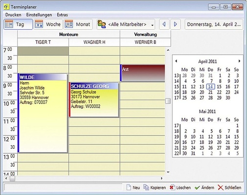 Im Modul Terminplaner können für jeden Mitarbeiter vielfältig 
kategorisierbare Termine angelegt werden. Handelt es sich um Kunden, die in 
der Software bereits erfasst sind, werden die Stamm­daten mit dem Termin 
verknüpft.
