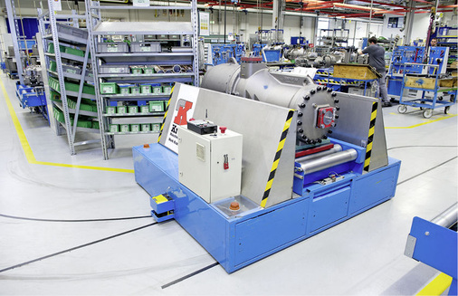 Wie von Geisterhand: Computergesteuerte fahrerlose Transportsysteme 
organisieren eine reibungslose Verdichterproduktion.
