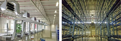 Bild 2: Luftverteilung über Kanalanschlussgeräte und Weitwurfdüsen, rechts 
Regalgang [4]
