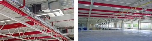 Bild 5: Luftverteilung in der Mezzanine über Kanalanschlussgeräte (links) 
und Textilschläuche (rot), rechts im Hintergrund Weitwurfdüsen [4]
