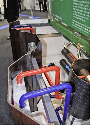 Thermisch aktivierte Spundwand mit SPS-Energiesonden. Je nach 
Grundwasserströmung liegt die Entzugsleistung zwischen 40 und 350 W/m2, frei 
von Wasser umspült sogar bei bis zu 1 000 W/m2.
