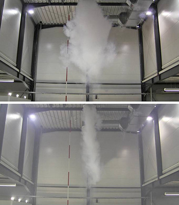 Zur Anpassung der Eindringtiefe auf die Position des jeweiligen Bauteils wird 
die Strahlaufweitung der Zuluft über unterschiedlich große vertikale und 
horizontale Luftanteile beeinflusst.

