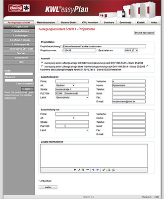 Eingabe der Projektdaten im Auslegungsassistenten.

