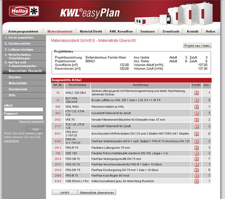 Materialübersicht der kontrollierten Wohnraumlüftungsanlage.

