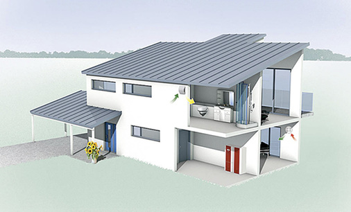 Funktionsschema einer dezentralen Gebäudelüftung: Ein integrierter 
Kreuzgegenstrom-Wärmeübertrager erwärmt die kühle Außenluft mit der 
Wärme der Abluft und bewirkt so einen Wärmerückgewinnungsgrad bis 
84 Prozent.


