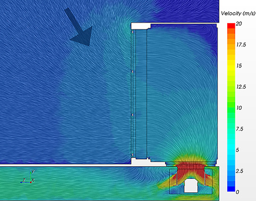 Bild 2: Die CFD-Analyse zeigt eine gleichmäßige Luftströmung ohne 
Rezirkulationen.

