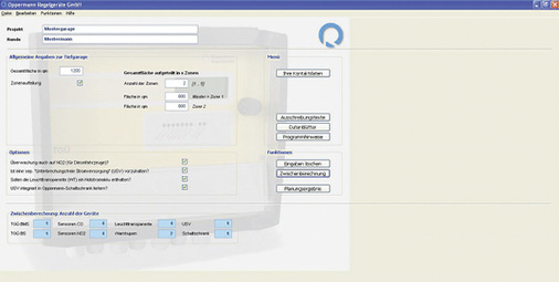 Planungs-Software für die Ausstattung von Garagen mit CO-Sensoren, hier die 
Seite für die Parametereingabe

