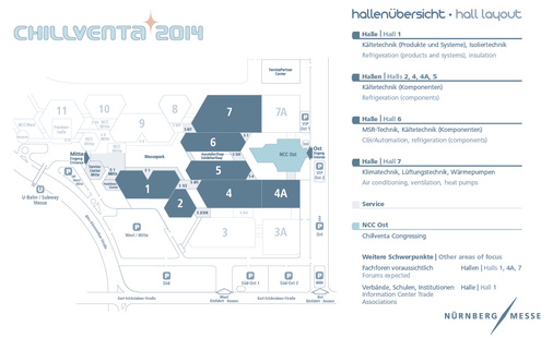 In diesen Hallen der NürnbergMesse spielt sich das Chillventa-Messegeschehen 
ab.

