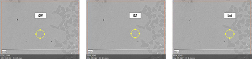 Bild 12: Lage der EDX-Messpunkte in der untersuchten Lötverbindung 
(Messpunkt 1: Grundwerkstoff (GW); Messpunkt 2: Diffusionszone (DZ); 
Messpunkt 3: Lot)

