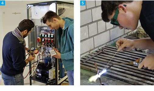 Bilder 4 bis 7: Die angehenden Mechatroniker für Kältetechnik mussten beim 
Aufbau der R 290-Kälteanlage ein hohes Maß an Genauigkeit und Sorgfalt 
walten lassen.

