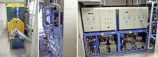 Die Heizzentrale: Pelletkessel, neuer Pufferspeicher mit Wärmeübertrager 
und Kälteanlage

