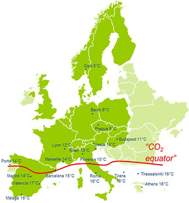 Bild 2: CO2-Effizienz-Äquator“ für das Klima in Europa

