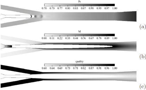 Bild 3: CFD Contour Plots von (a) Druckverhältnis(für 
0,7 < Pr < 1), (b) Machzahl (für M < 1,0) und (c) Qualität 
(für Xv > 0,6)

