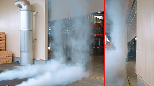 Der Funktionstest mit einer Nebelmaschine bestätigt die gleichmäßige 
Verteilung des Luftschleiers über die gesamte Torhöhe.

