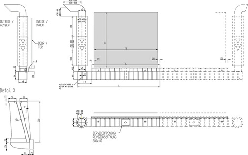 Schematischer Aufbau einer Unterflur-Luftschleieranlage vom Typ UF 600. Je 
nach Breite des Tores – und damit benötigter Luftleistung – werden ein 
oder zwei Energietürme gesetzt.

