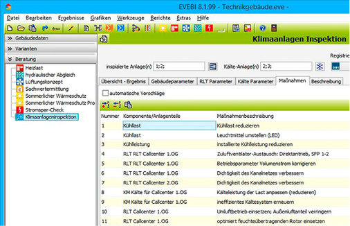 Bild 4: Vorschlagsliste für Maßnahmen zur Verbesserung der Effizienz der 
RLT- bzw. Klimaanlage

