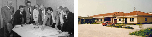 Vorstand und Bauausschuss bei der Bauplanung der neuen Schule in Maintal 
(v. l.): Ernst Schiller, Norbert Günther, Willi Helfmann, Paul Feuchter, 
Theo Mack, Manfred Seikel, Herbert Kaulbach und Bernd Thomat

