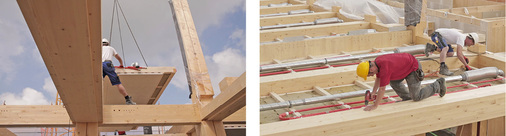 
Die inklusive TGA-Komponenten vorgefertigten Deckensegel werden in das 
tragende Holzskelett eingehängt.

