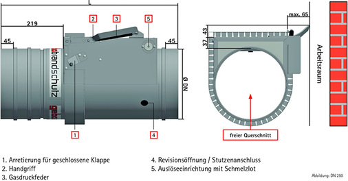 
Diese Brandschutzklappe GBK-K 90 EU-A ist in den Nenngrößen DN 100 bis 
DN 355 erhältlich und lässt sich auf oder unter der Decke, in 
Massivwänden sowie in einer Trockenbauwand mithilfe eines Einschubsets 
einbauen.

