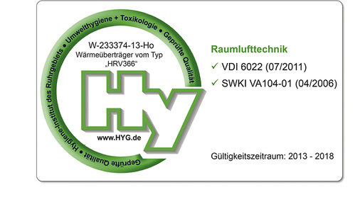 
Bild 3: Hygiene-Prüfsiegel des statischen Enthalpie-übertragers der Serie 
ERV 366

 - © Hygiene Institut des Ruhrgebietes, Institut für Umwelthygiene und Toxologie

