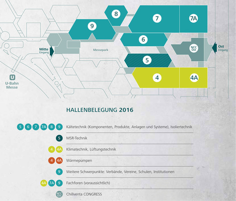 Hallenplan der Chillventa 2016: Die Hallen 7 A, 8 und 9 sind neu 
hinzugekommen und ersetzen die Hallen 1 und 2 unterhalb des Messeparks.

