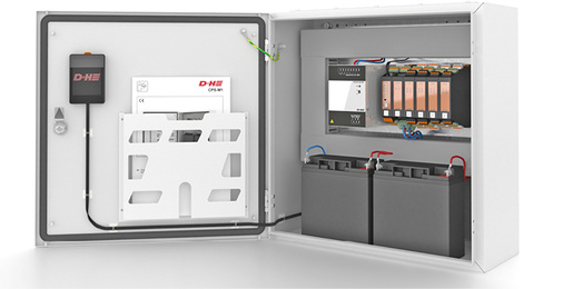 Vollständige Rauchmeldezentrale im Schaltschrank, mit Schaltnetzteil und 
Notstrom-Akkus

