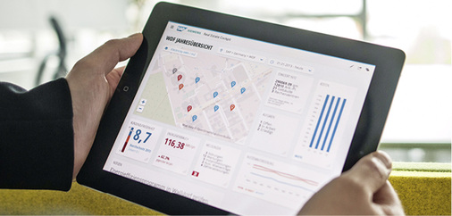
Die Bedienoberfläche der Zukunft heißt Dashboard. Neben Funktionen der 
Gebäudeautomation und des Energiemanagements sind künftig auch 
gebäudebezogene Umsatz- und Kostenstrukturen sowie Benchmarks gefragt. Im 
Bild das gemeinsam von SAP und Siemens…
