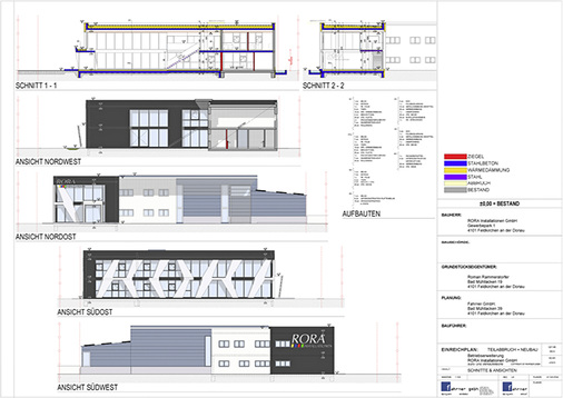 Die Planungsskizze des Erweiterungsbaus zeigt im Querschnitt die moderne 
Fassadengestaltung: 6 m hohe Sichtbetonbuchstaben reichen über beide 
Stockwerke.

