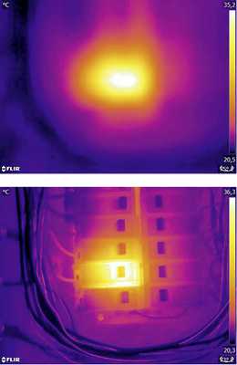 Auf dem nicht fokussierten Bild (oben) ist nur eine diffuse Wärmewolke“ 
erkennbar. Das fokussierte Bild (unten) zeigt deutlich, welches Objekt 
betrachtet wird und wo es warm ist.

