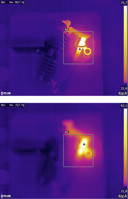 Fokussiertes Wärmebild (oben) mit Maximaltemperatur Tmax = 89,7 °C und 
nicht fokussiertes Wärmebild (unten) mit Maximaltemperatur 
Tmax = 73,7 °C

