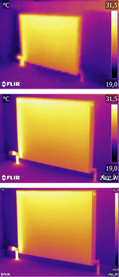 Derselbe Heizkörper aus derselben Entfernung mit denselben Einstellungen 
aufgenommen mit drei verschiedenen Wärmebildkameras: Flir C2 (oben), Flir 
T440 (Mitte) und Flir T640 (unten).

